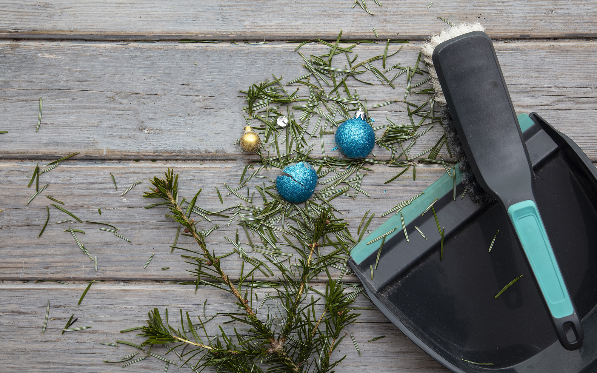 cleaning up pine needles with brush and dust pan